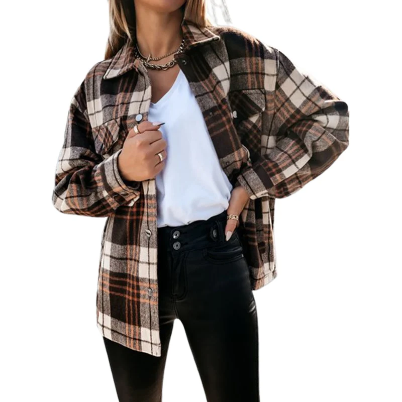 Женская винтажная клетчатая рубашка, куртка с отложным воротником, Осеннее повседневное однобортное пальто с длинными рукавами, женская уличная одежда, Верхняя одежда Изображение 2